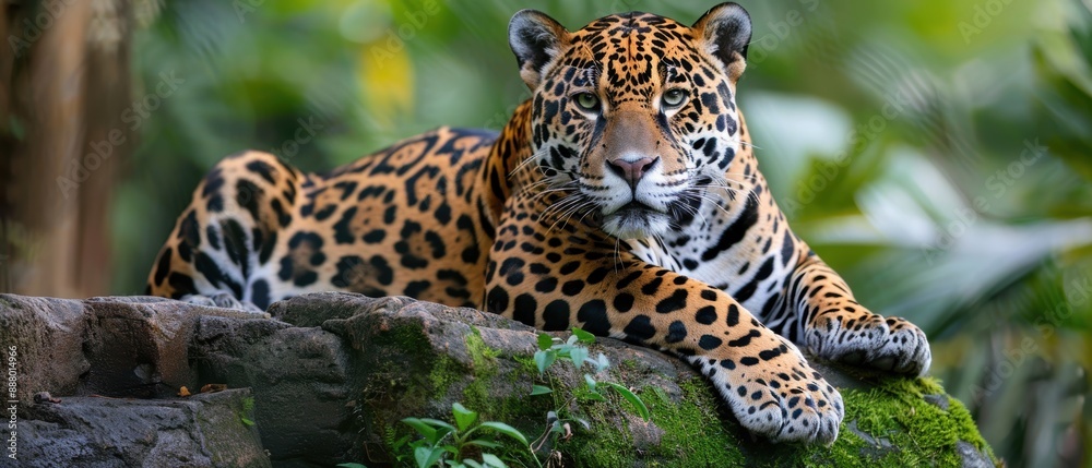 Naklejka premium Majestic Jaguar Relaxing on a Mossy Rock Ledge in the Lush Amazon Rainforest