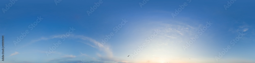 Fototapeta premium Sky 360 panorama - Bright blue sky filled with fluffy white Cirrus clouds. Seamless hdr spherical 360 panorama. Sky dome sky replacement for aerial drone 360 panoramas. Weather and climate change