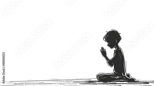 Boy Praying to Jesus Black Line Sketch on White Background.






