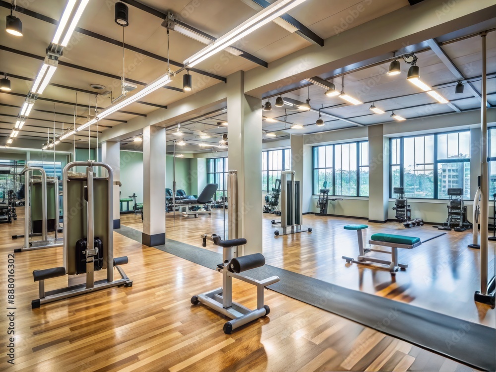 Empty fitness studio with exercise equipment and mirrors, awaiting a session, conveying energy and motivation, with a subtle sense of anticipation in the air. Empty fitness studio with exercise equipment and mirrors, awaiting a session, conveying energy and motivation, with a subtle sense of anticipation in the air.
