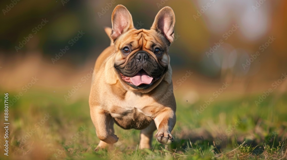 Fototapeta premium A joyful French Bulldog runs across a grassy field, with a happy expression and ears perked up, showcasing playful energy.