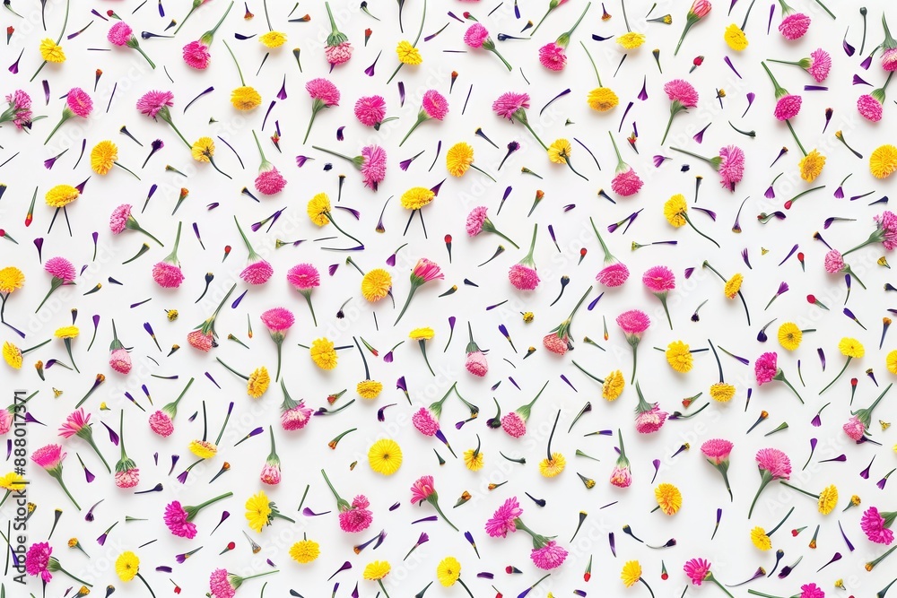 A close up of a flowery pattern with pink and yellow flowers. The flowers are scattered throughout the image, with some in the foreground and others in the background.
