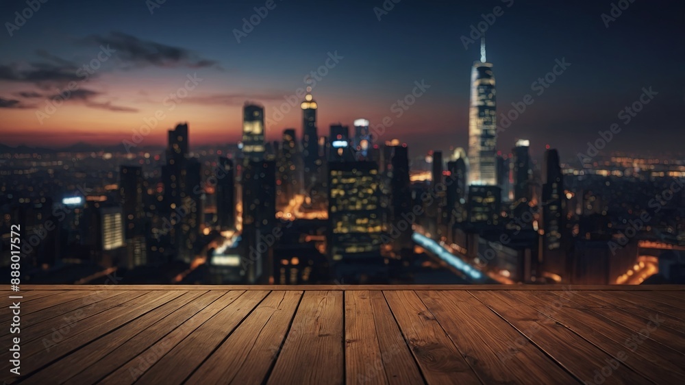 Fototapeta premium wooden decking with blurred city in background, product display mockup at night.
