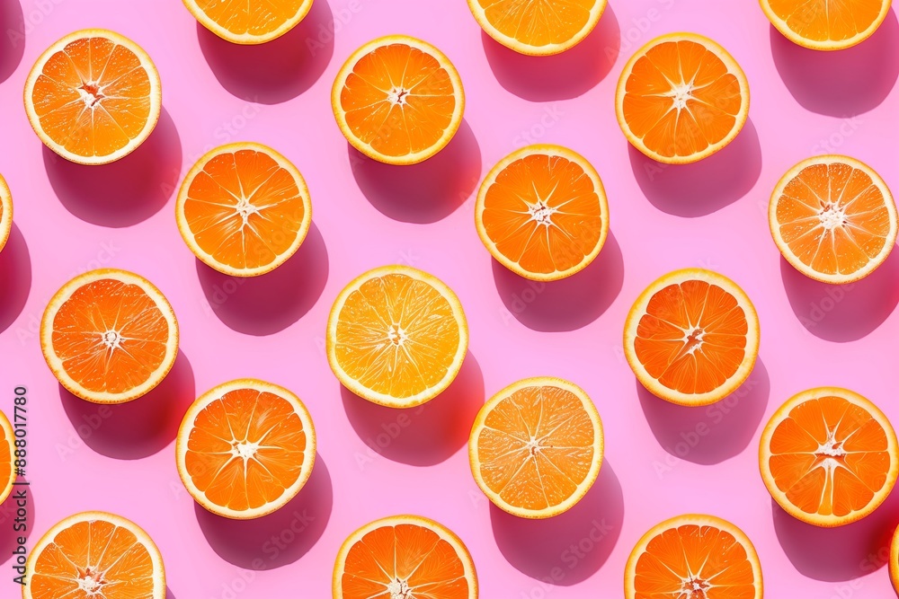 A close up of many oranges on a pink background. The oranges are cut in half and arranged in a pattern. Concept of abundance and freshness, as well as a playful and colorful mood A close up of many oranges on a pink background. The oranges are cut in half and arranged in a pattern. Concept of abundance and freshness, as well as a playful and colorful mood
