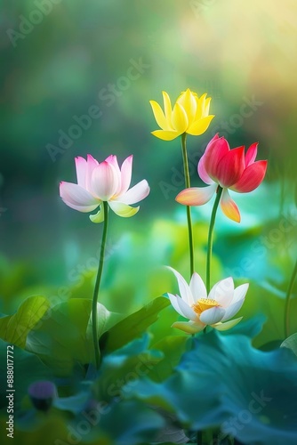 lotus flowers, pink yellow and white colors, in the green blurred background of nature, sunlight falling on them
