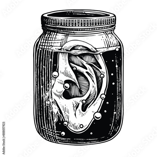Glass bottles containing ear in water to preserve detailed black and white hand drawing