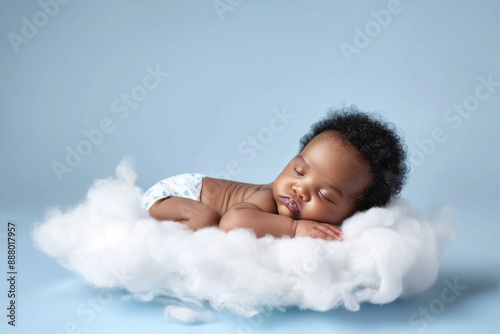 Cute Sleeping Afro Baby Sleeping On A White And Soft Cloud, Studio Photo, A Light Blue Background, Baby Floating On A Cloud