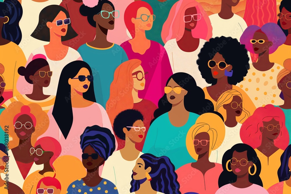 A group of women with different hair colors and styles, wearing sunglasses and glasses. Concept of diversity and unity among the women A group of women with different hair colors and styles, wearing sunglasses and glasses. Concept of diversity and unity among the women