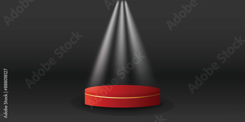 White spotlights on podium display color with black background. Modern studio, wall scene fashion, stage podium scene with for Award Ceremony. 3D rendering.