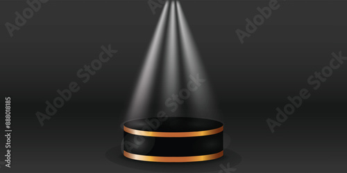 White spotlights on podium display color with black background. Modern studio, wall scene fashion, stage podium scene with for Award Ceremony. 3D rendering.