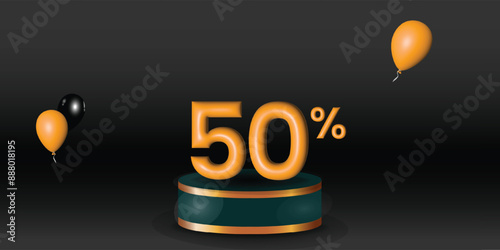Product price discount on podium display color with black background. Modern studio, wall scene fashion, stage podium scene with for Award Ceremony. 3D rendering.
