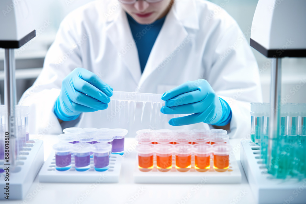 a person in a lab coat and gloves holding a plastic container with liquid a person in a lab coat and gloves holding a plastic container with liquid