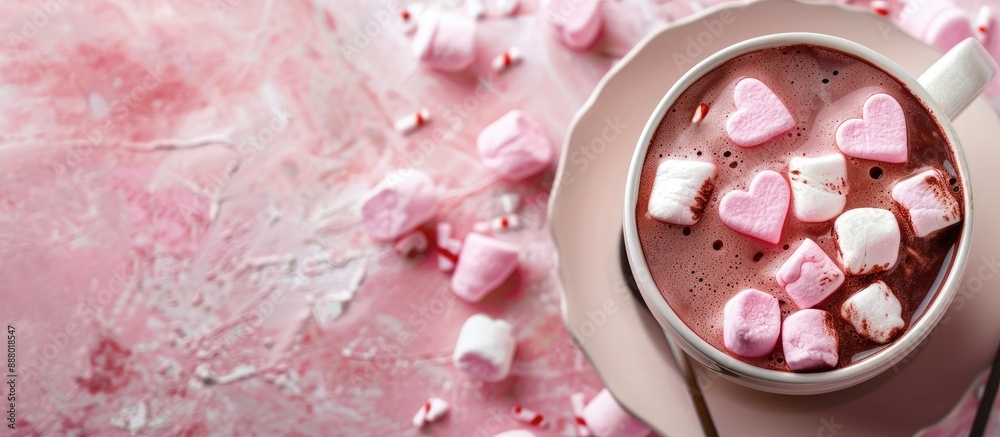 Valentine s Day themed hot chocolate with heart shaped marshmallows captured in a close up shot with space for additional images Valentine s Day themed hot chocolate with heart shaped marshmallows captured in a close up shot with space for additional images