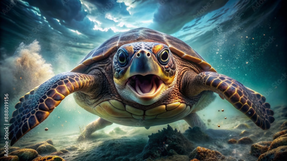 Obraz premium Aggressive turtle with sharp jaws and menacing eyes emerges from murky waters, its powerful flippers poised to strike, conveying a sense of danger.