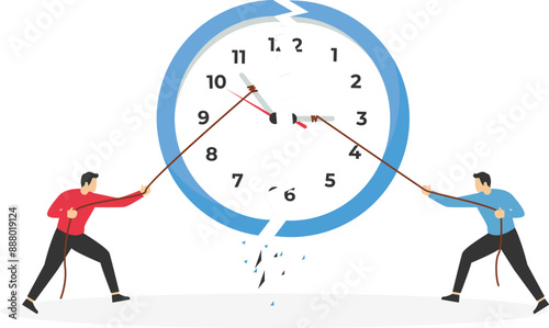 Businessman using rope to pull minute and hour hand to break the clock metaphor of effort to manage time for multiple projects. Work deadline or time management.

