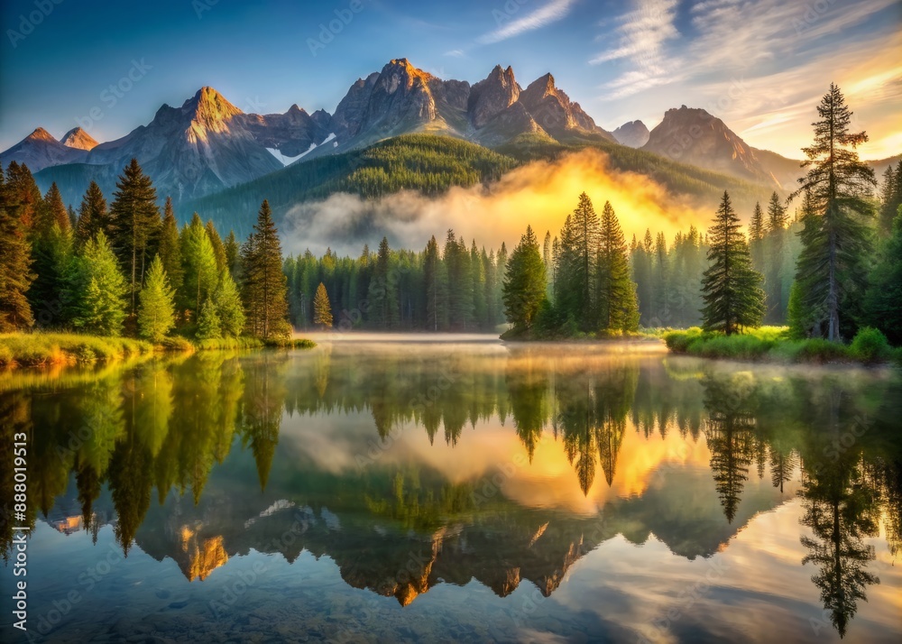 Fototapeta premium Serene misty morning scene of a still mountain lake reflecting majestic surrounding peaks and lush green forest under a warm golden sunlight.