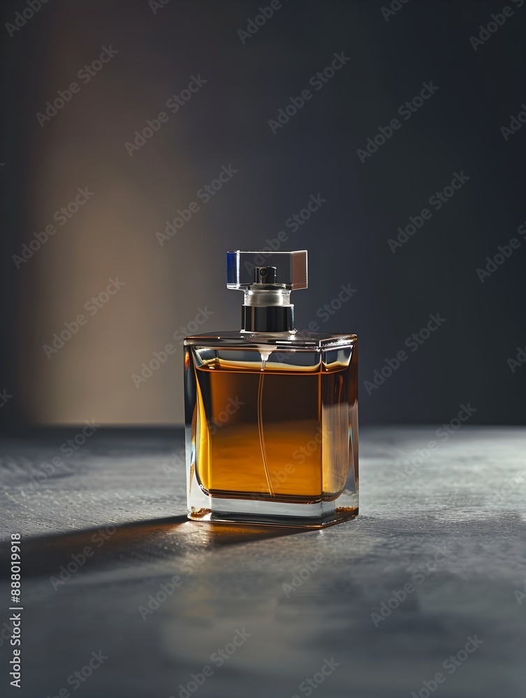 Luxury men`s perfume in bottle on grey table against dark background Luxury men`s perfume in bottle on grey table against dark background