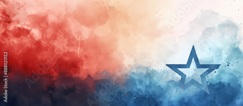 Red, white and blue background with stars in the style of watercolor, american flag themed.
