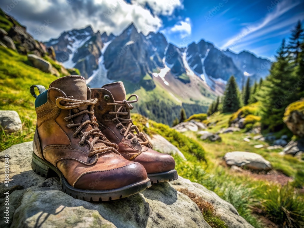 Close-up of rugged hiking boots standing alone on rocky mountain trail, surrounded by lush greenery and majestic mountain peaks in the background. Close-up of rugged hiking boots standing alone on rocky mountain trail, surrounded by lush greenery and majestic mountain peaks in the background.