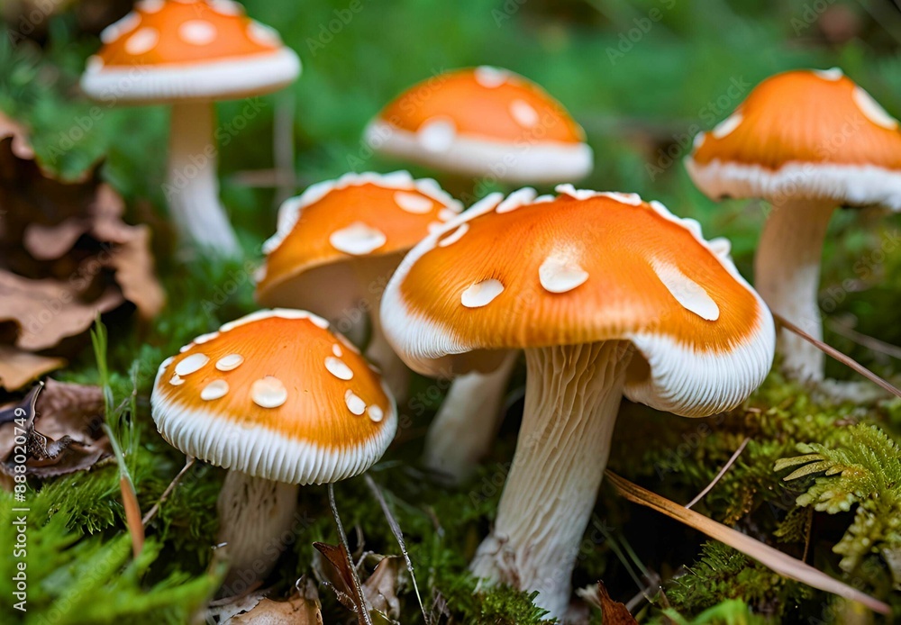 White and orange cap mushrooms in the forest or nature. Outdoor forest. Poisonous plants. White and orange cap mushrooms in the forest or nature. Outdoor forest. Poisonous plants.