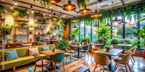 Vibrant modern cafe setting with eclectic decor, lush greenery, and comfortable seating, conveying a sense of warm ambiance, perfect for diverse friend gatherings and socializing.