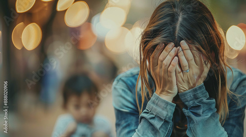 Stressed and upset young mother hiding her face in her hands with her child on a blurred background