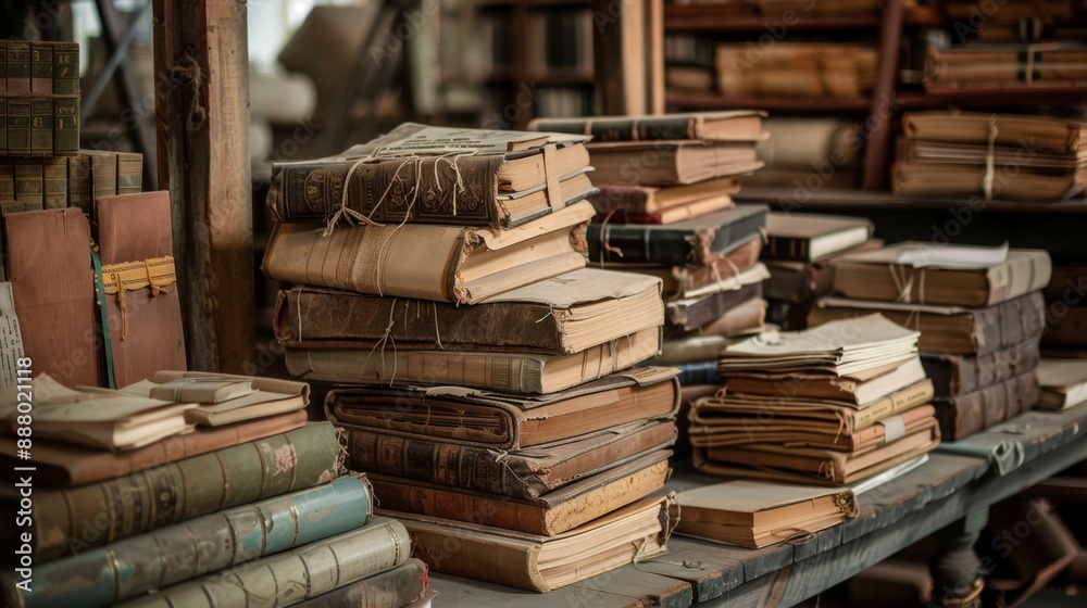 Antique books stacked on a wooden table Antique books stacked on a wooden table