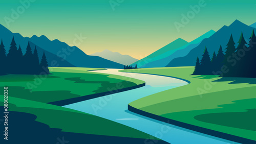 River landscape illustration with a view of green fields, mountains and trees