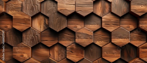 Fototapeta Naklejka Na Ścianę i Meble -  Abstract hexgonal geometric wooden background banner - Brown hexagon 3d wood timber texture wall decor