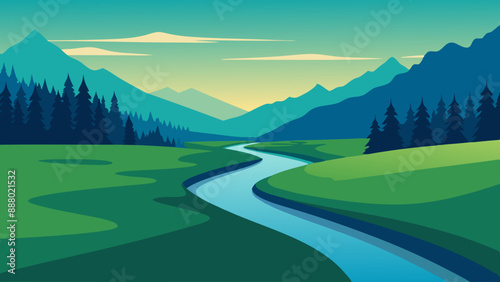 River landscape illustration with a view of green fields, mountains and trees