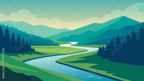 River landscape illustration with a view of green fields, mountains and trees