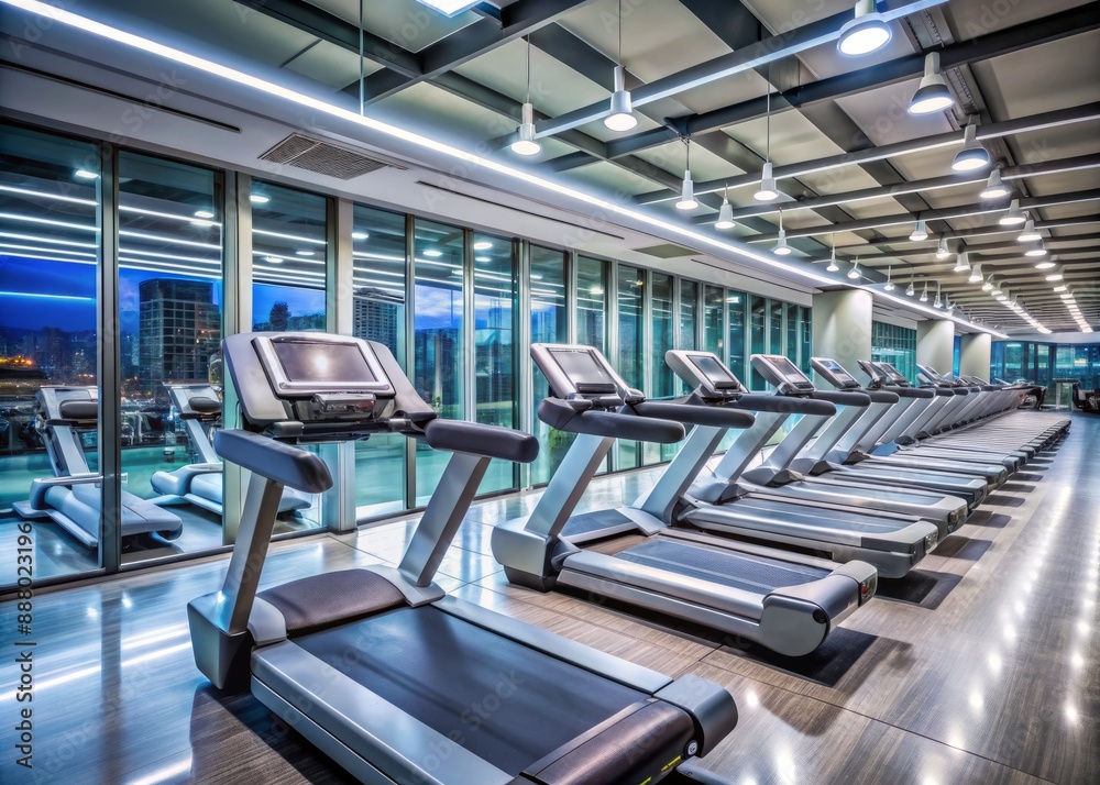 Naklejka premium Modern fitness center with rows of sleek treadmills, empty but ready for action, illuminated by bright lights and reflected in mirrored walls.