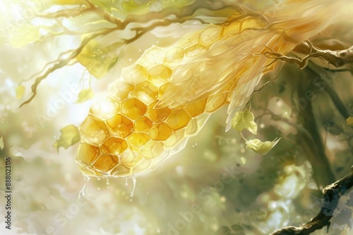 Honeycomb hanging from a tree branch with a beautiful blurry background photo