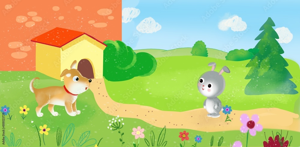 rabbit and dog in the garden rabbit and dog in the garden