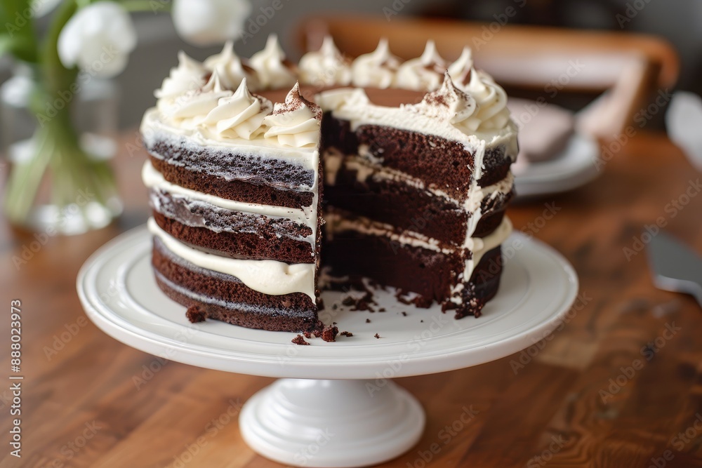 Indulgent chocolate cake slice on a plate, AI generated Indulgent chocolate cake slice on a plate, AI generated