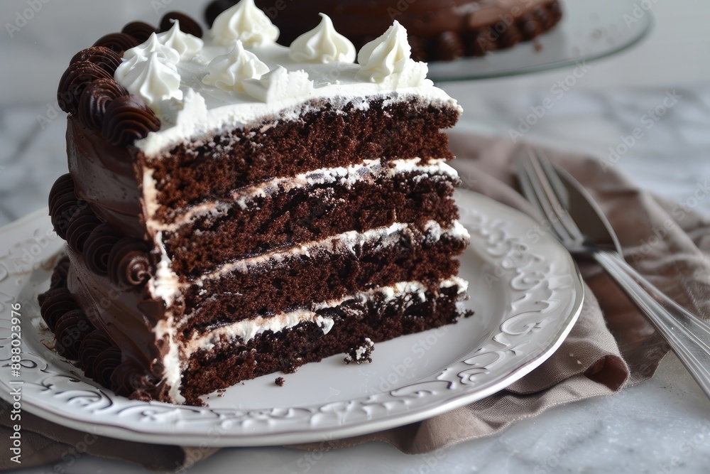 Indulgent chocolate cake slice on a plate, AI generated