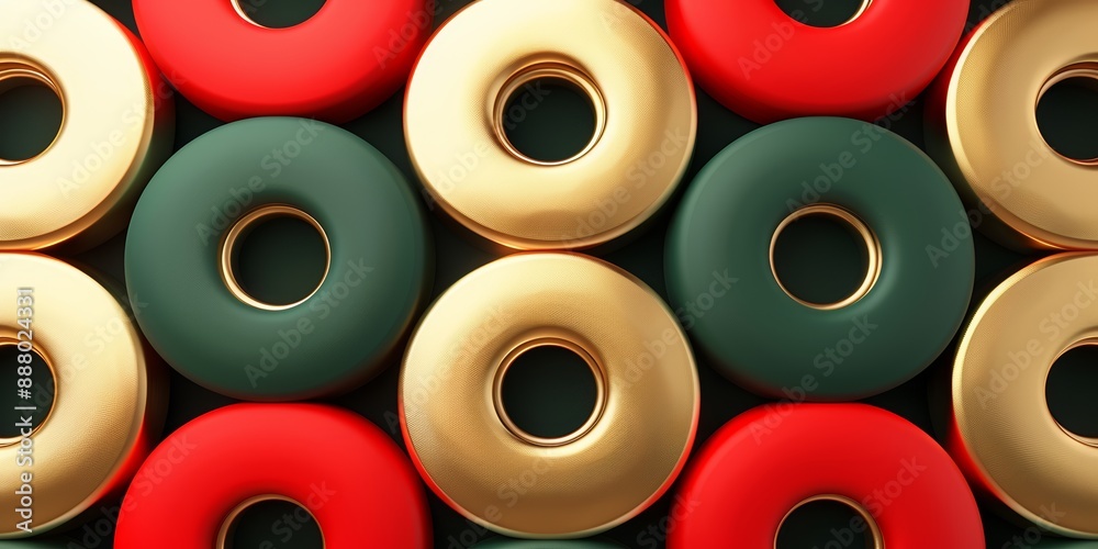 Fototapeta premium Circular and cylindrical shapes in gold, red, and green creating a vibrant and playful pattern. The glossy finish enhances the modern and stylish design
