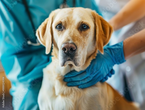 A close-up of a dog being examined by veterinarians in a clinic, highlighting professional pet care and veterinary services. © Vitalii Shkurko