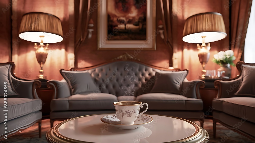 Luxurious living room interior with a grey couch, lamps, coffee Luxurious living room interior with a grey couch, lamps, coffee