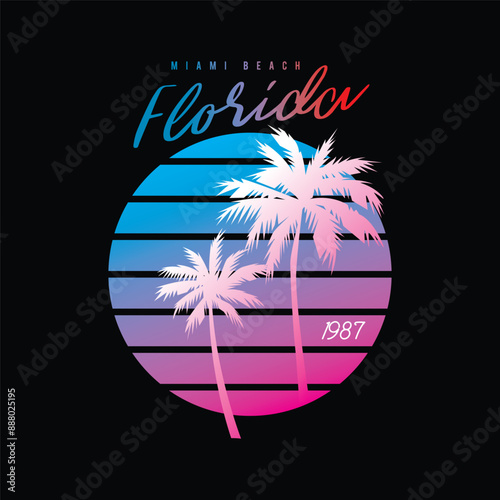 Original vector illustration in neon style. Palm trees on the background of a neon sunset in the retro style of the 80's. T-shirt design.