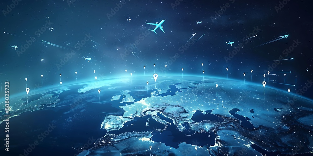 A blue globe with airplane icons flying around it, surrounded by map pins and location markers on the earth's surface. A blue globe with airplane icons flying around it, surrounded by map pins and location markers on the earth's surface.