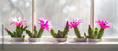 Schlumbergera cactus flowers in bloom set against a white backdrop in a window view perfect for a copy space image photo