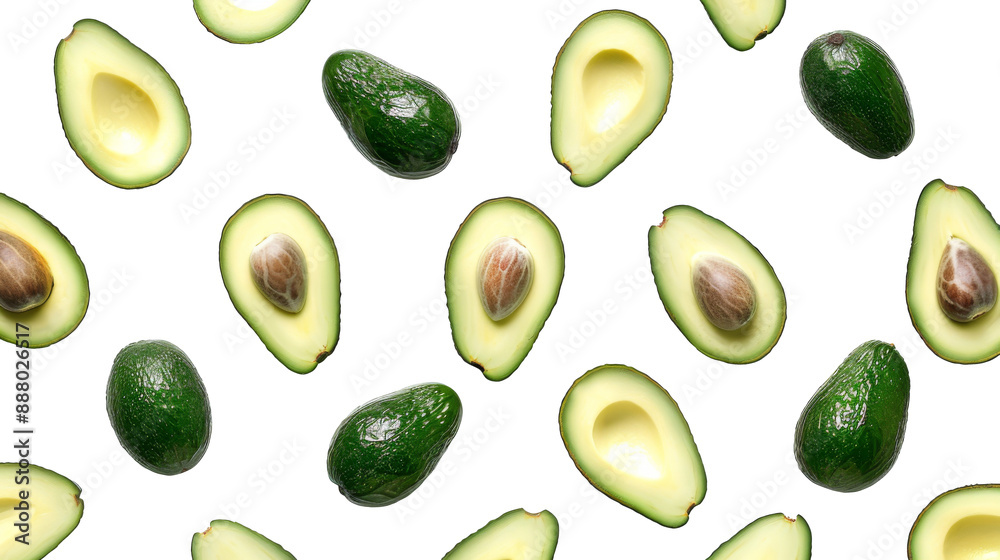 Flat lay view Avocado pattern with half slices isolated on background, summer fruit for refreshment, fresh avocado with high vitamin and nutrients. Flat lay view Avocado pattern with half slices isolated on background, summer fruit for refreshment, fresh avocado with high vitamin and nutrients.