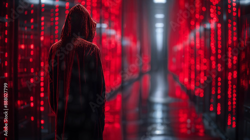 Hooded figure standing in futuristic server room with red lights. Cyber security and cyber warfare. Threat detection. Black hat hacking. Cyber espionage and covert operations.