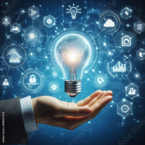 Hand holding light bulb and business digital marketing innovation technology icons on network connection