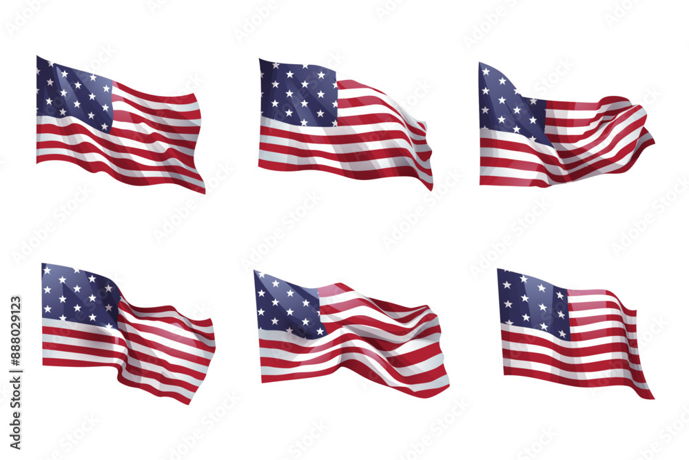 United states of america flag . Set of wavy US flag on isolated white background . Vector . United states of america flag . Set of wavy US flag on isolated white background . Vector .