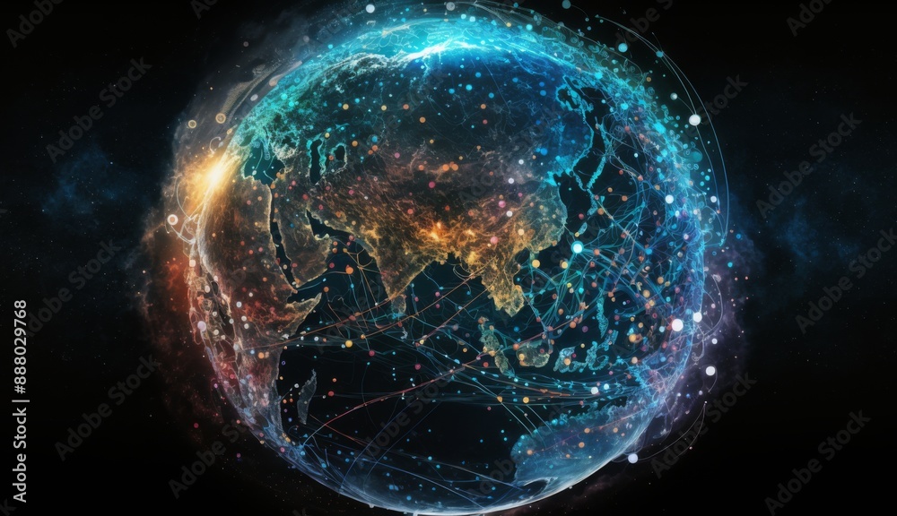 Obraz premium Planet Connected: Earth Encircled by Swirling Data and Social Media