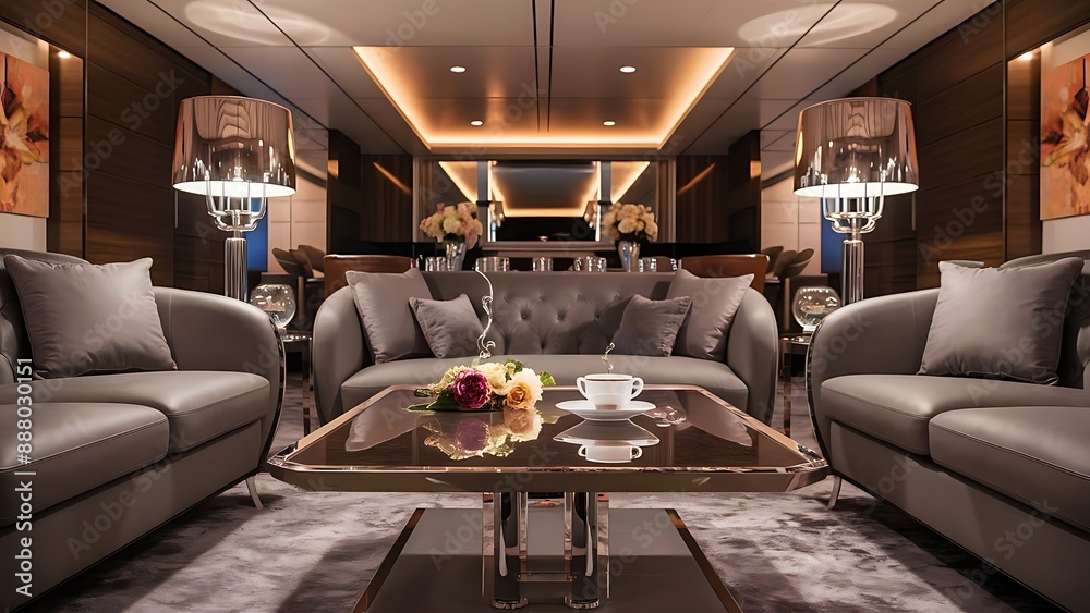 Luxurious living room interior with a grey couch, lamps, coffee