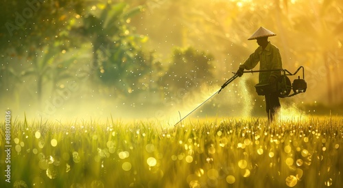 Silhouetted Farmer Spraying in Golden Rice Field