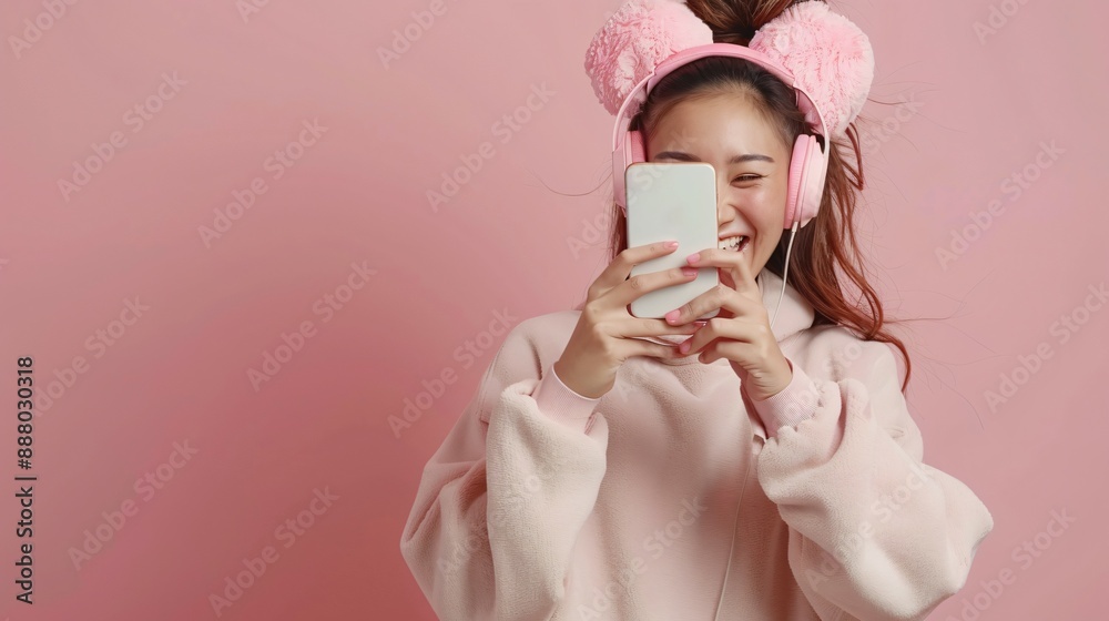 A teenage girl is playing with her smartphone, wearing a long-sleeved dress, a pink headband, and headphones on a pink background. A teenage girl is playing with her smartphone, wearing a long-sleeved dress, a pink headband, and headphones on a pink background.